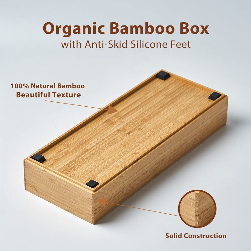 Umilife Bamboo Kitchen Drawer Organizer Boxes with Anti-Skid Silicone Feet, 2pcs Stackable Storage Bins for Kitchen Utensils & Silverware & Desk Drawer & Makeup, Tools Holder, 15   L x 6   W x 2.5   D Each - Image 3